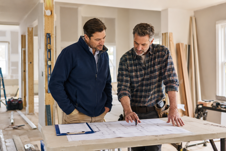 Real estate investor and contractor reviewing renovation plans inside a house