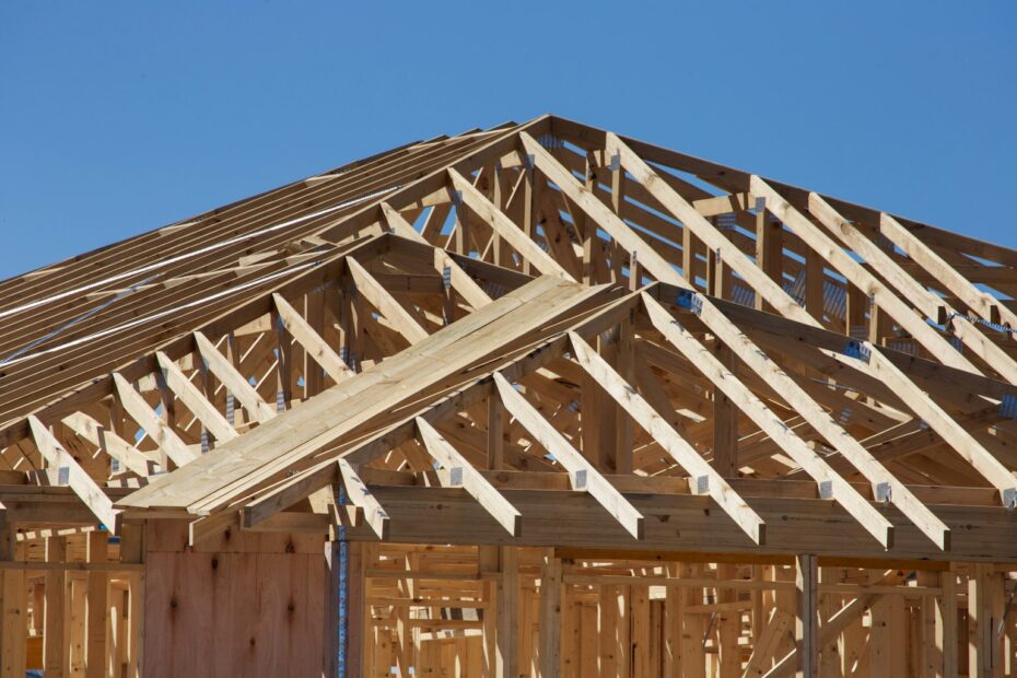 Wood roof trusses and framing on a new home under construction