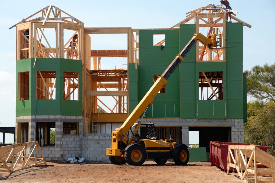 Two-story home being framed on a construction site with a telehandler